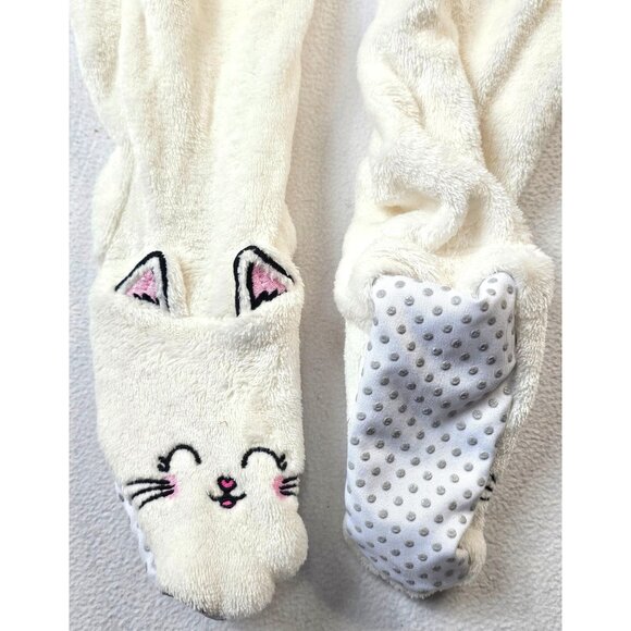 Girls PJ Place Cat Face Fleece Footed Pajamas 5T Cream Pink Bow Cozy Sleepwear - Picture 7 of 10